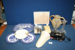 A quantity of miscellanea including small Clarice Cliff plate, willow plate, glass candlesticks,