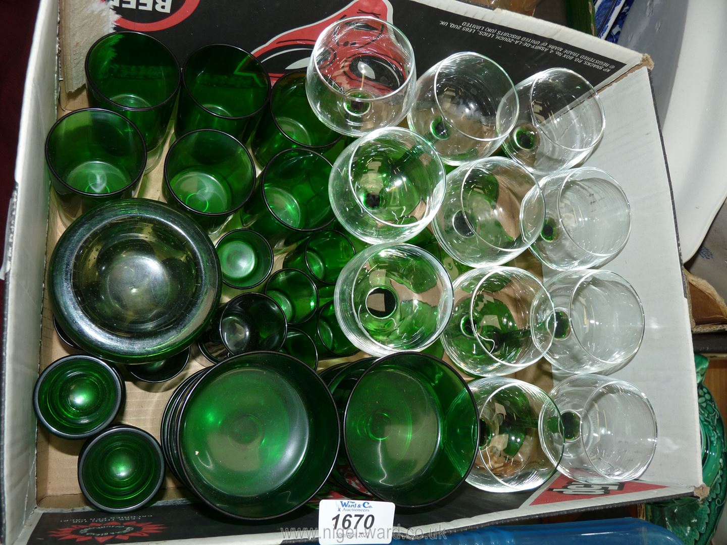 A quantity of green coloured glasses including hock, shot, etc. small bubble bowl, etc.