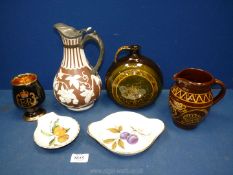 Royal Worcester Evesham dishes, Pewter lidded jug with embossed leaves and Studio pottery jugs.