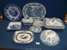 A quantity of blue and white china including Abbey ware shredded wheat dish, Spode lidded tureen,