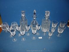 A quantity of cut glass including 3 decanters, Thomas Webb wine glass,