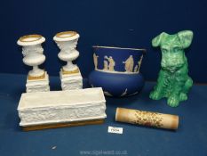 A quantity of miscellaneous china to include blue Jasper-ware hanging planter, green dog,