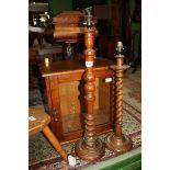 Two turned Oak wood table lamps, one with double spiral/barley-twist column, 23'' tall,