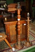 Two turned Oak wood table lamps, one with double spiral/barley-twist column, 23'' tall,