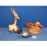 A treen letter holder in the form of a duck 7" long,