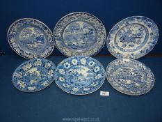 Five blue and white plates and one soup bowl including Rogers, impressed marks etc,
