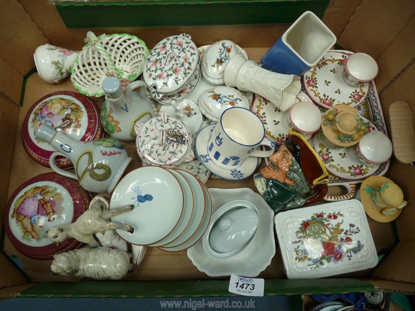 A large quantity of china including trinket boxes, miniature dressing table set, egg cups,