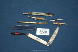 A Silver Fruit Knife and one other, a compass and part Geometry set plus nibs.