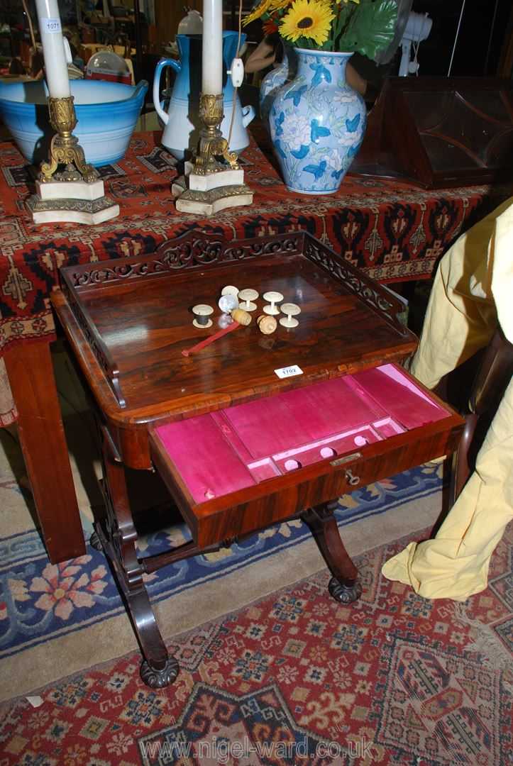 A fine Rosewood Workbox table, the top having an intricately fretworked upstand, - Image 2 of 4