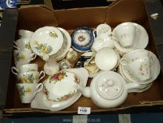 A box of mixed china teasets including Montfort (with teapot), Royal Ascot, Bells,