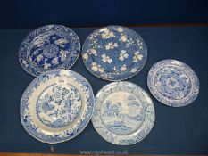 Five pieces of Spode blue and white china including willow pattern soup bowl,