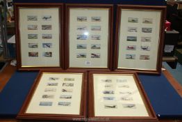 Five framed sets of Cigarette Cards depicting airplanes, 12 1/2'' x 17 1/2''.