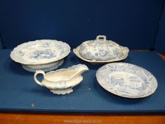 A quantity of pale blue and white china including 'Asiatic Pheasant' lidded tureen,