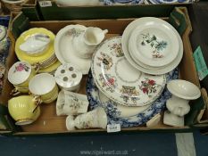 A box of mixed china to include a yellow teaset, J&G Meakin fruit set, blue/white meat plate etc.