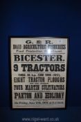 A 1919 framed Tractor Auction advert by The Board of Agriculture and Fisheries, 18 1/2" x 23 1/2".