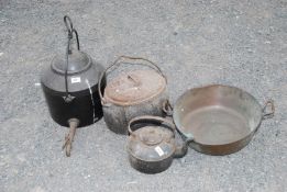 A copper pan, Range kettle, Range tea urn and oval cook pot.
