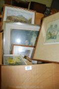 A box of framed prints; cathedrals, landscapes etc.