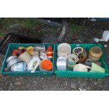 Two crates of Pyrex, earthenware pots, etc.