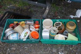 Two crates of Pyrex, earthenware pots, etc.