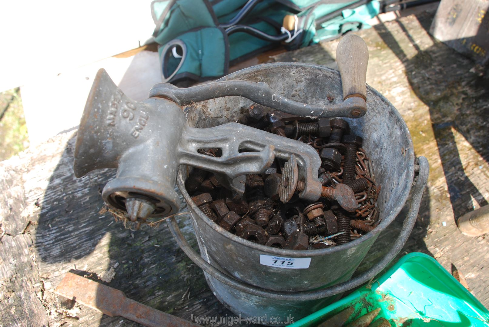 A quantity of cold chisels and punches, galvanised bucket of nuts, bolts, stable, Spong mincer, etc. - Image 2 of 2