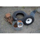 A galvanised mop bucket, coal bucket, trailer wheel 400/8 and 175/13 tyre, etc.