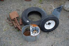 A galvanised mop bucket, coal bucket, trailer wheel 400/8 and 175/13 tyre, etc.