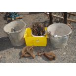 Two galvanised buckets, two rope pulleys and quantity of window catches.