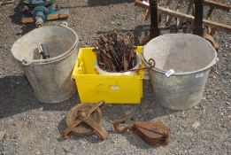 Two galvanised buckets, two rope pulleys and quantity of window catches.