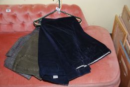 Four pairs of men's trousers; tweed, moleskin, Orvis 38"/40" waist, long length.