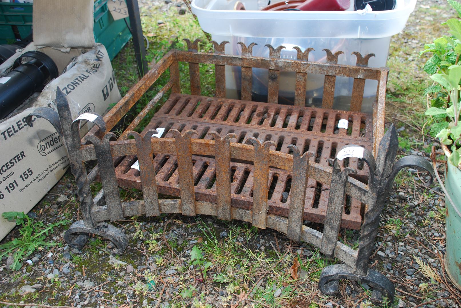 A large metal fire grate.