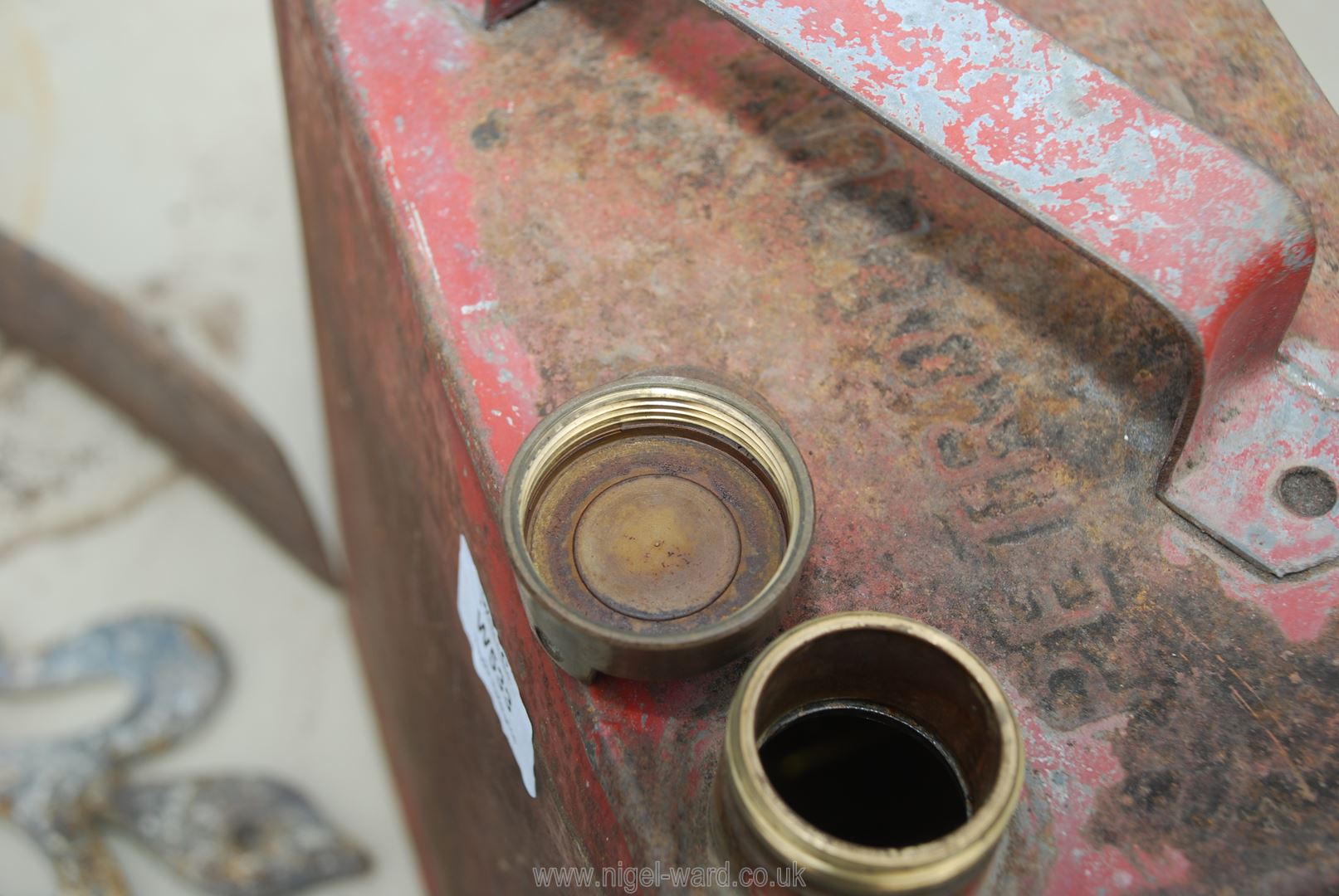A petrol fuel can with brass top, flat iron scroll features and pick axe head. - Image 4 of 4