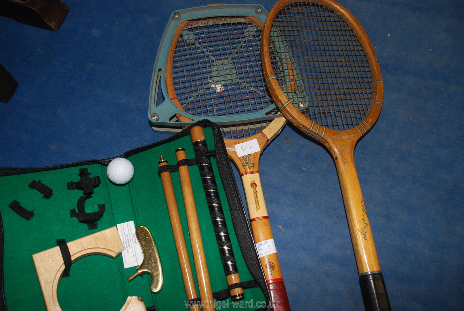 Two old Slazenger racquets one with Slazenger press and a three piece putter - Image 2 of 2