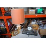 A china lamp, clock, marble mantle clock (a/f), etc.