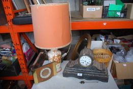 A china lamp, clock, marble mantle clock (a/f), etc.