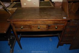A darkwood hall table with 3 drawers having brass handles, 37" x 20 1/2" x 32" high.
