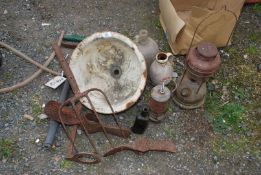 A head stirrup pump, cast iron circular bowl, miner's lamp, etc.