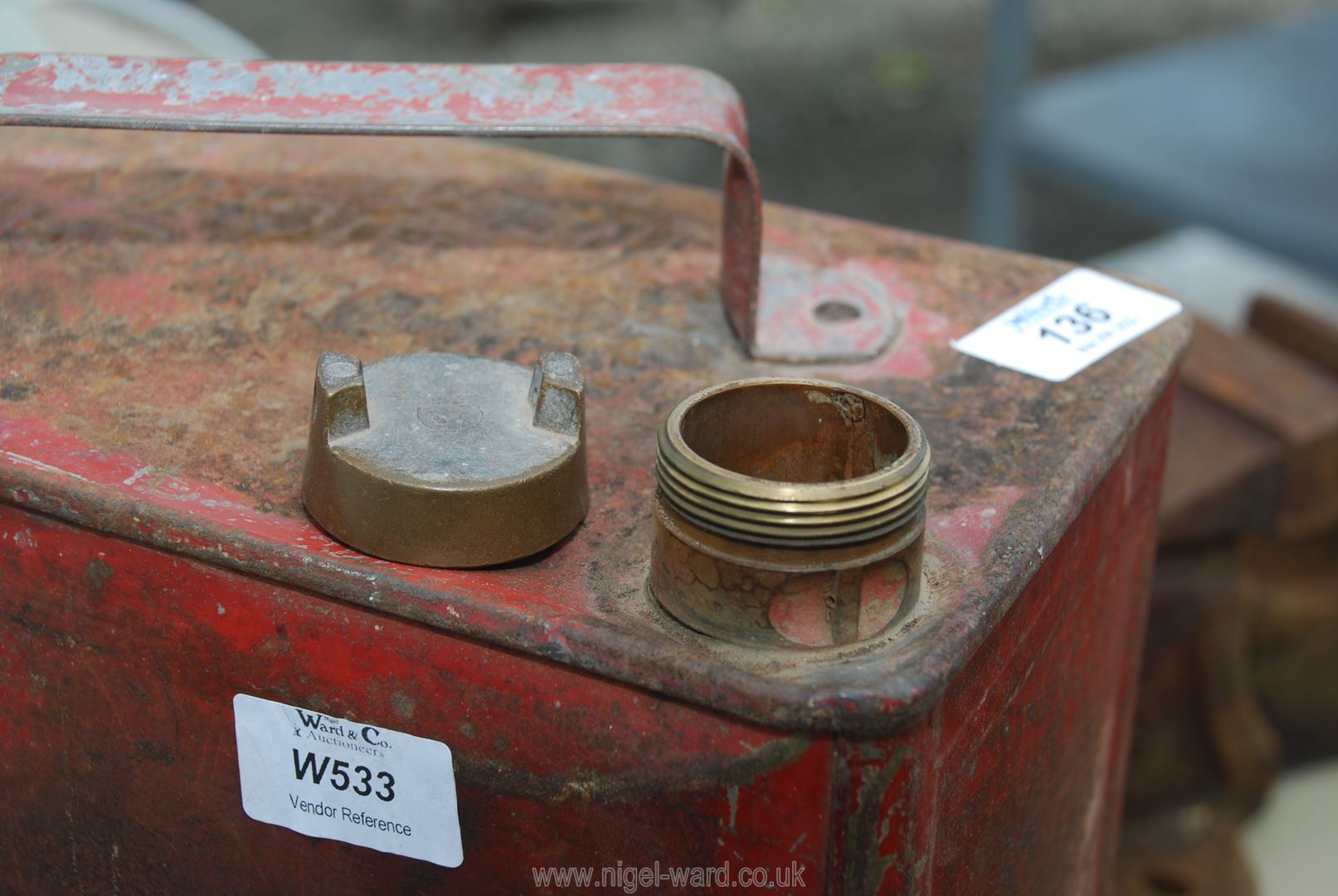 A petrol fuel can with brass top, flat iron scroll features and pick axe head. - Image 2 of 4