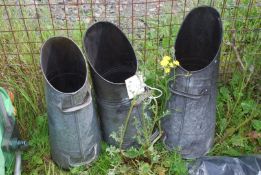 Three galvanised coal scuttles.