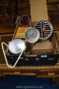 A box of lamps including sun lamp, reflector etc.