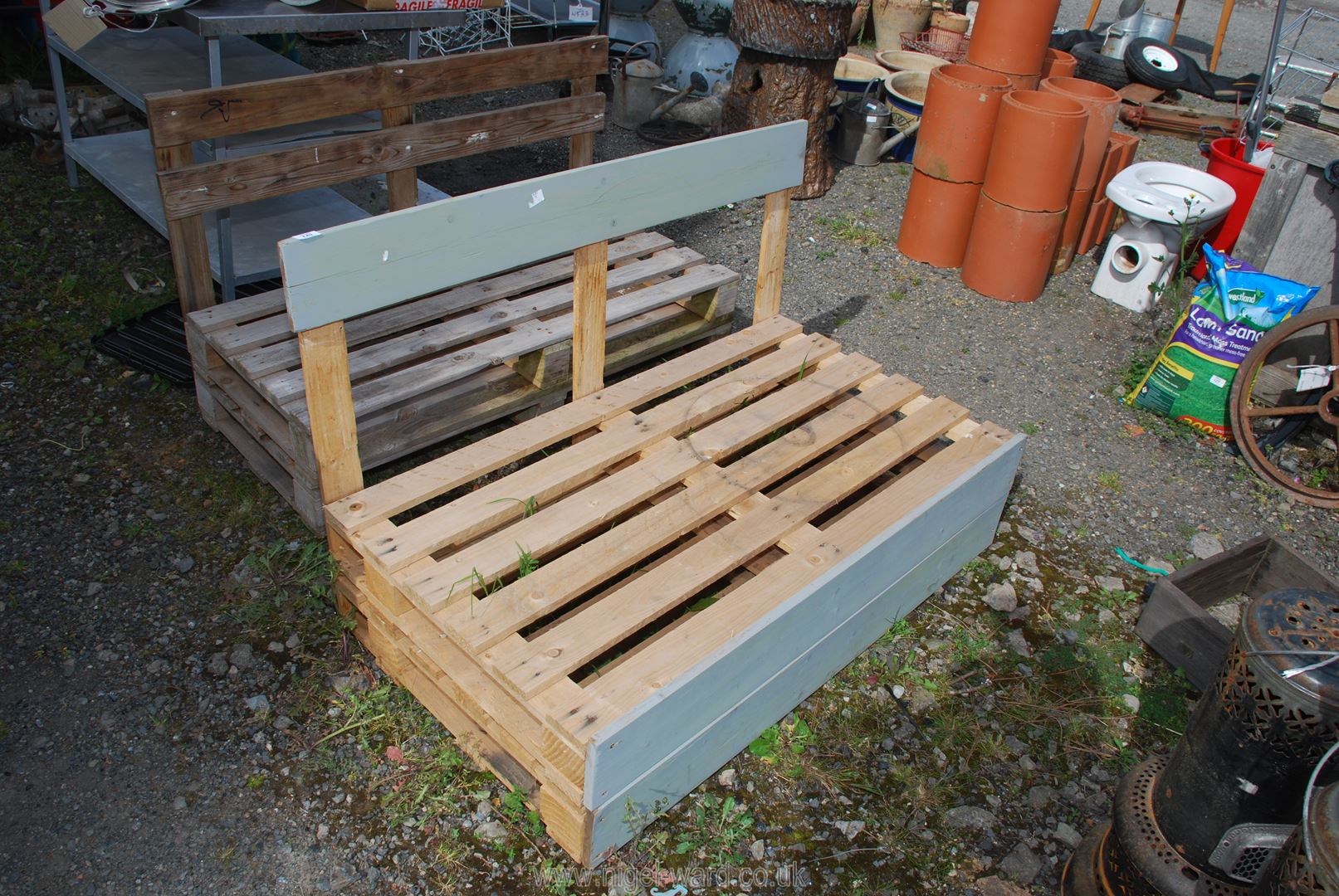 Two home-made pallet benches, 47'' wide x 21'' deep.