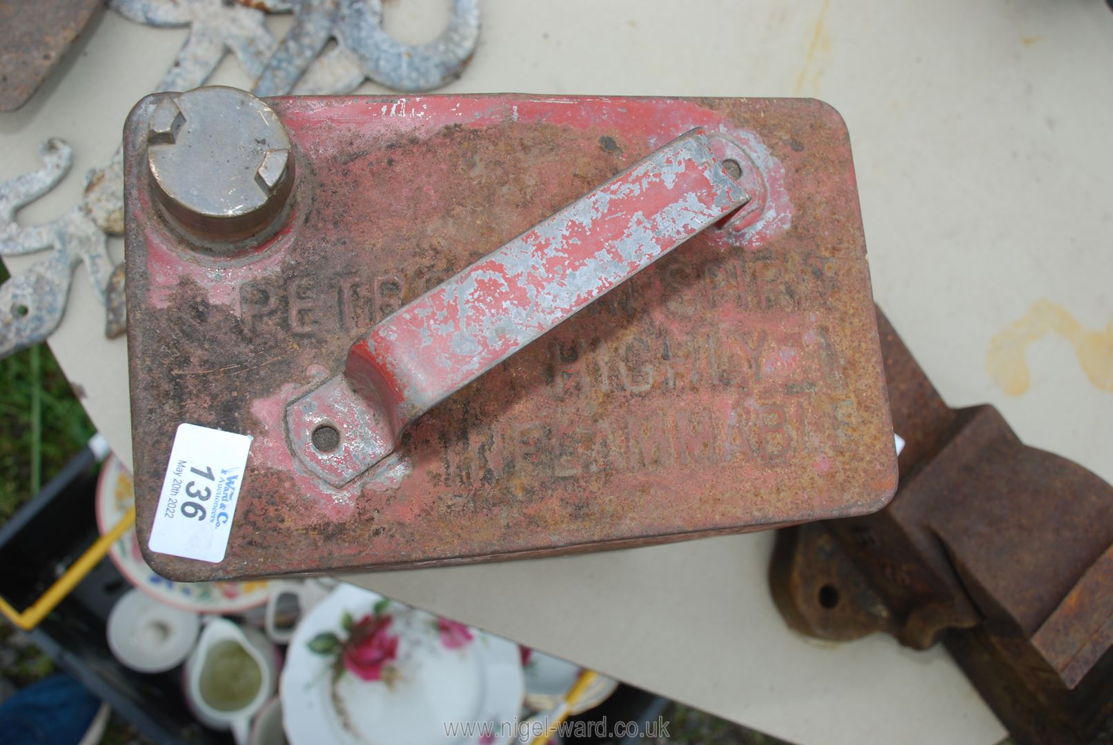 A petrol fuel can with brass top, flat iron scroll features and pick axe head. - Image 3 of 4