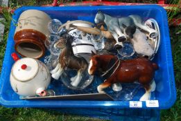 A box of miscellaneous china including horses, teapot etc.