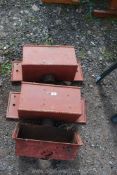 A pair of cast iron rain hoppers, 26'' x 9'' x 9'' and another 18'' x 7''.