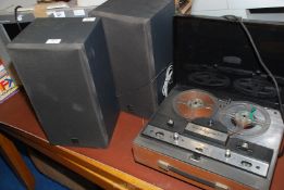 A Fidelity Braemar reel to reel tape recorder and a pair of Sharp speakers