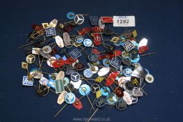 A quantity of car pin badges including Saab, Volvo, Bedford, Morris etc.
