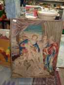 An unframed tapestry of a classical scene,