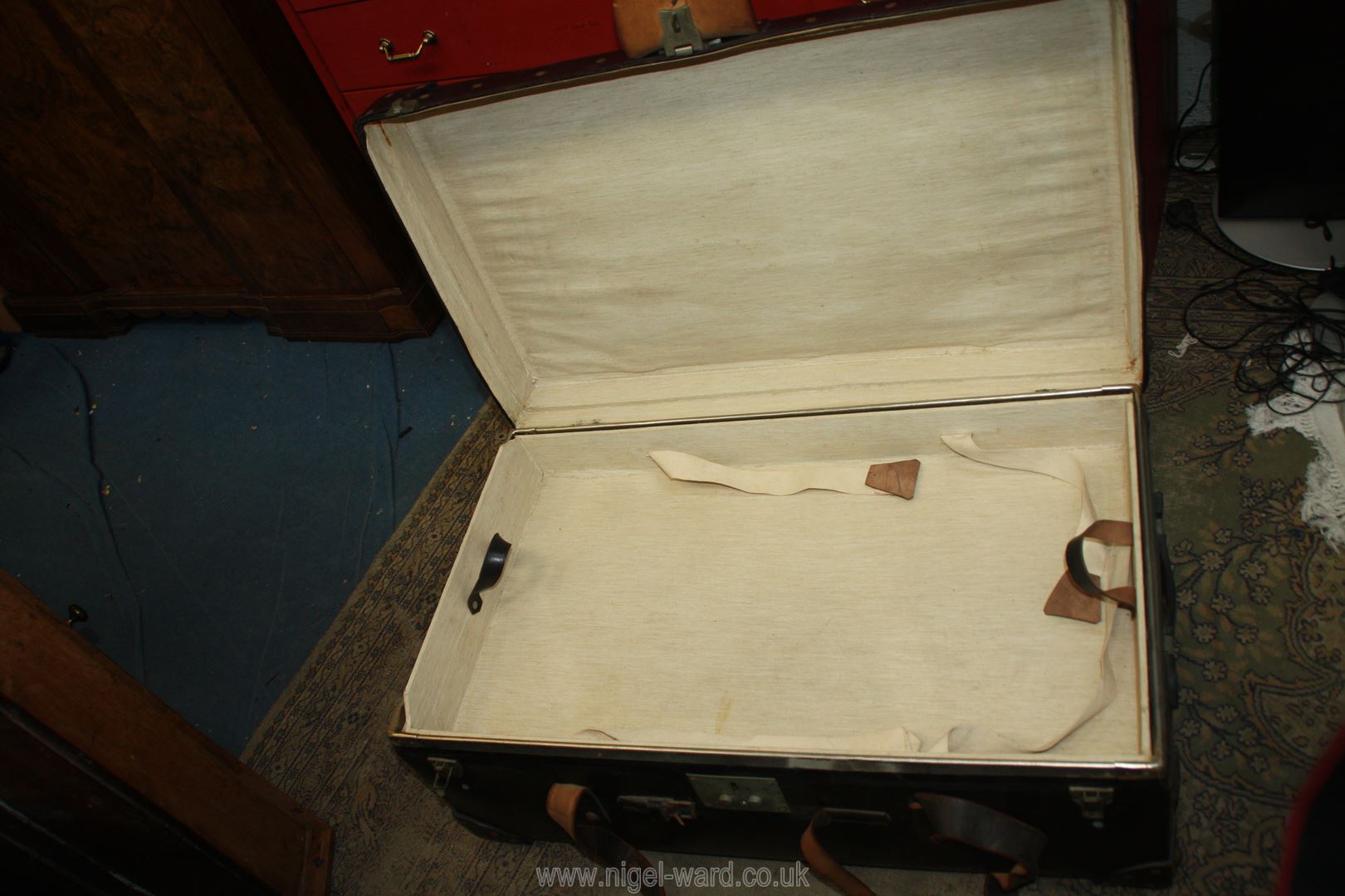 A large black leather Travel trunk with studs and straps having shelf inside (handle missing), - Image 3 of 3