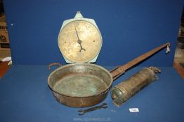 A large Salters scales, old copper pan and brass fire extinguisher.