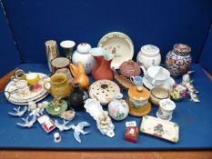 A box of mixed china to include Ginger jars, Sylvac Rabbit, Crown Ducal child's plate, Wade Canoe,