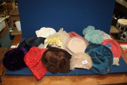 A box of ladies hats including velvet, felt, netting and one from Greenland's store Hereford, etc.